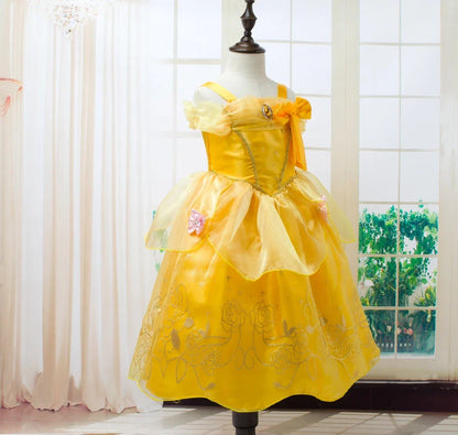 Beauty Belle Princess Cosplay Dress Girl Yellow Floral Off Shoulder Mesh Kid LED Light Halloween Costume Birthday Surprise Gift
