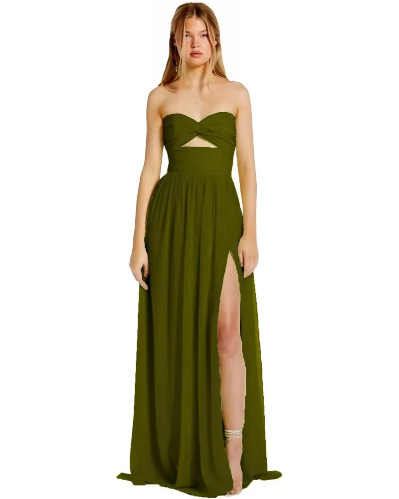 Strapless Chiffon Prom Dresses Pleated Sexy High Split Backless Cocktail Party Dress Off The Shoulder Long Homecoming Dress