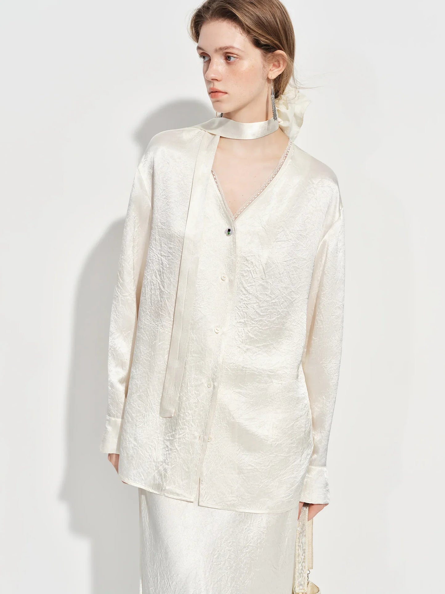 French-style Elegant V-neck Acetate Long-sleeved Shirts Women New Spring 2026 Design Satin Top Lace Bow