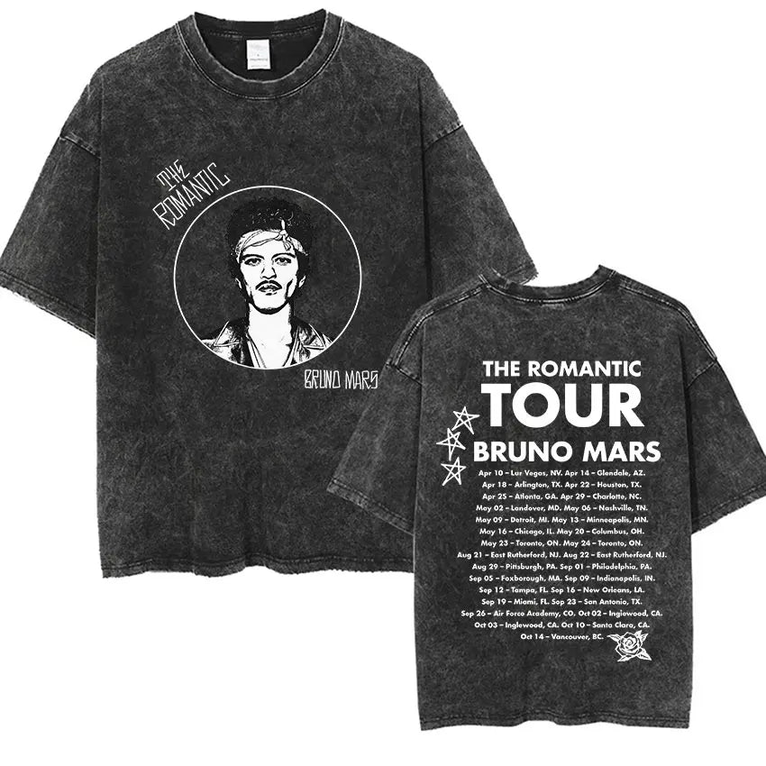 Bruno Mars The Romantic Tour 2026 Vintage Washed T Shirts Men's Women Punk Gothic Fashion Cotton Short Sleeve T-Shirt Streetwear