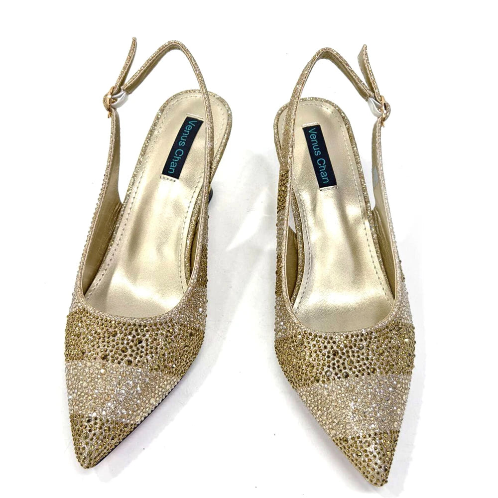 2024 Hot Selling INS Pointed-Toe Luxury Style High Heels Sandal With Bag Set in Gold Color For Wedding Party Women