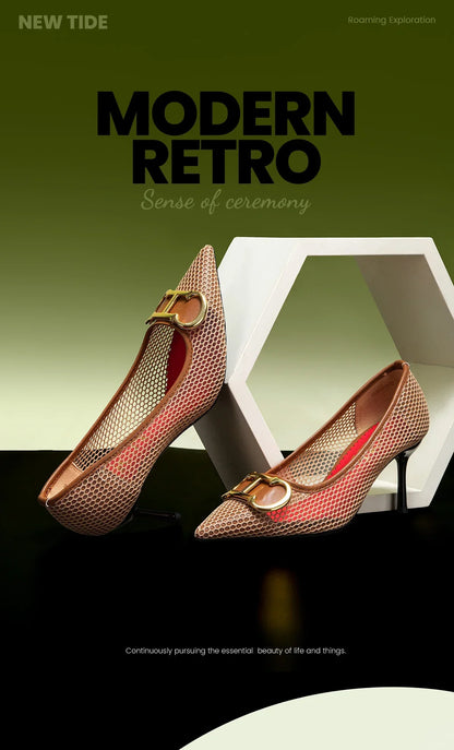 High Heels Red 2025 Spring New Hollow Business Women's Shoes 7cm Red Evening Shoes net