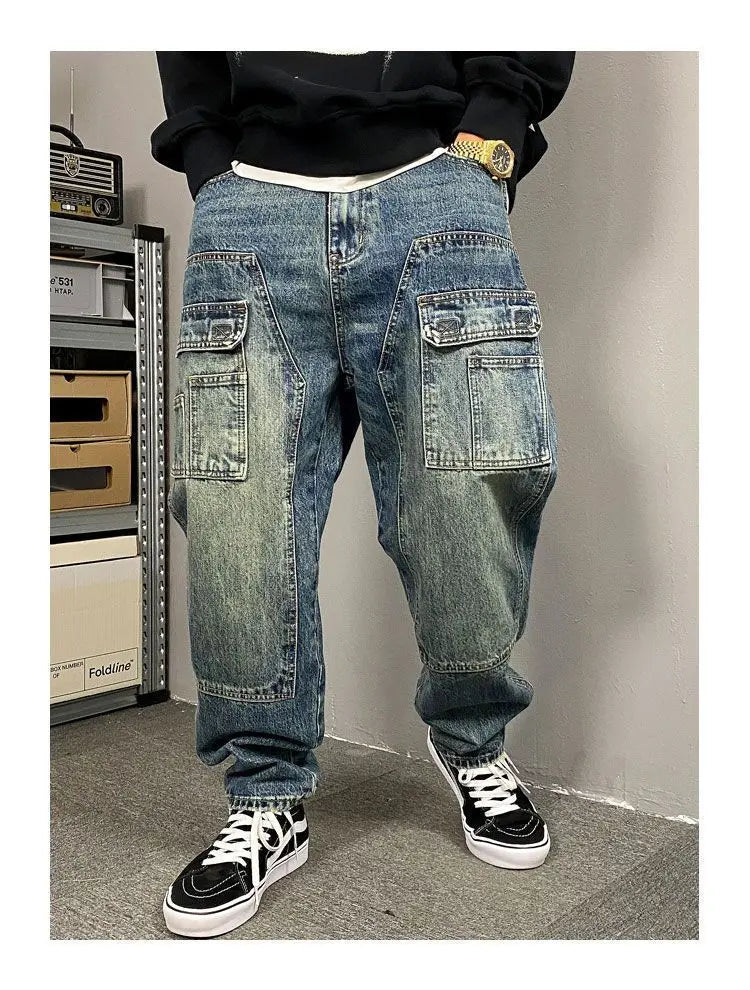 Autumn American Casual Ruffian Handsome Washed Retro Tooling Jeans Men's Straight Loose High Street Tapered Pants Tide