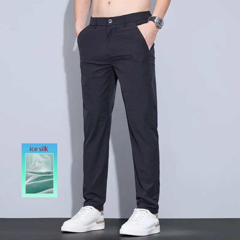 Men's Ice Silk Trousers Solid Color Korean Loose Breathable Straight-Leg Casual Pants Thin Quick-Drying Sports With Pockets