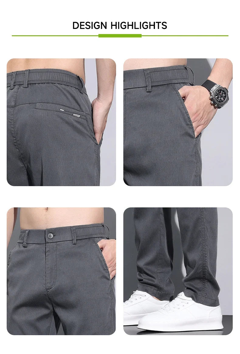 Fiber Fabric Summer Men's Casual Pants Fashion Thin Soft Breathable Elastic Business Slim Straight Trousers Black Gray