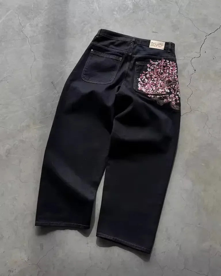 Y2K Vintage Low Waist Hip Hop Cherry Blossom Embroidered Jeans  Wide Leg Trousers Clothes Mens Embroidered Baggy Jeans Womes