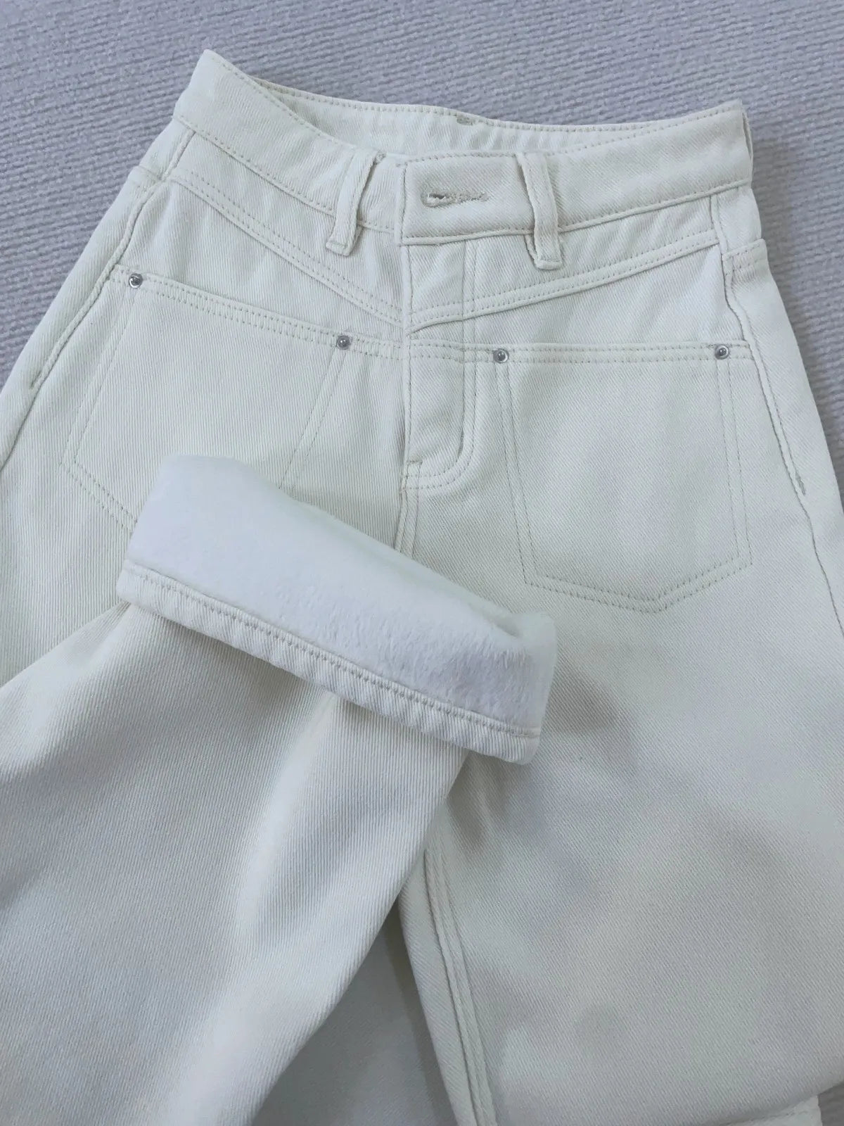 New Beige Straight Jeans Women Winter Warm High Waist Wide Leg Denim Pants 2023