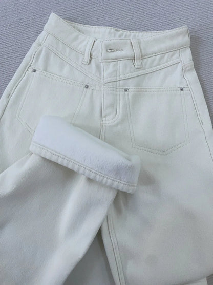 New Beige Straight Jeans Women Winter Warm High Waist Wide Leg Denim Pants 2023
