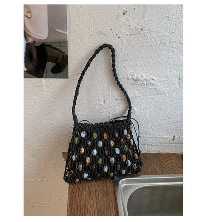 Hollow Beading Women Shoulder Bag Rope Knitting Handbags Bohemian Crochet Mesh Bags for Women Small Woven Beach Bag Flap Tote