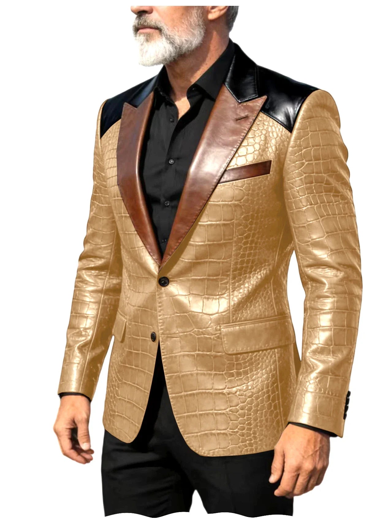 Men's Crocodile Embossed Leather Blazer Luxury Patchwork PU Leather Suit Jacket Slim Fit Peaked Lapel Casual Business Outerwear