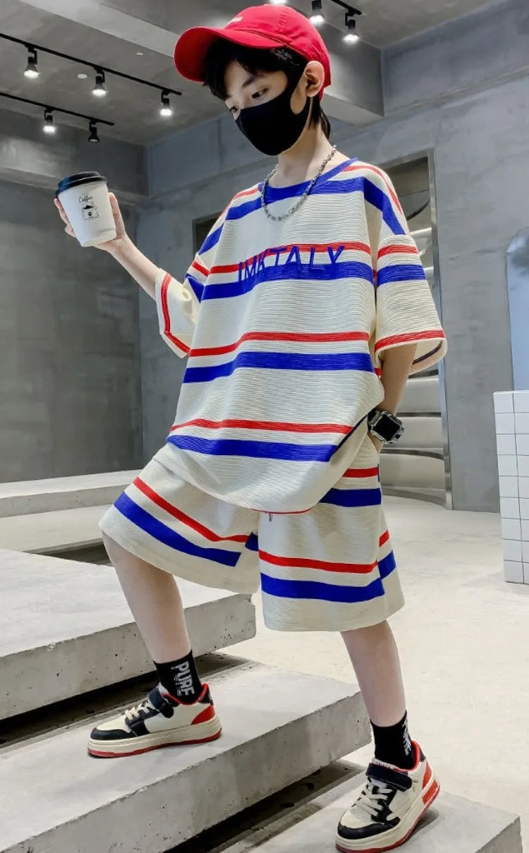 Striped Short-sleeved Sportswear Summer Suit for Boy Set Children From 4 Years Old Tees Kids Clothes Boys Children's Costumes 11