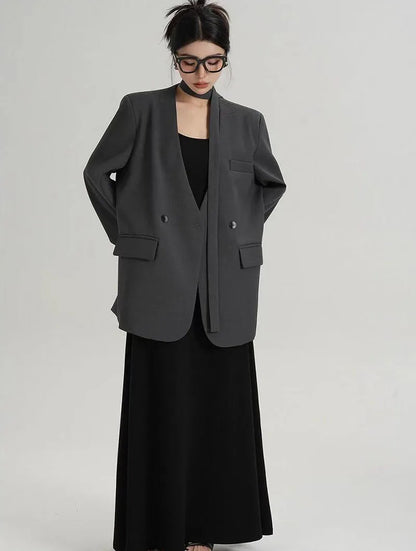 Fashion Collarless Blazers Jacket Ladies Korean Streetwear Design Belt Temperament Blazer Woman Chic Long Sleeve Loose Suit Coat