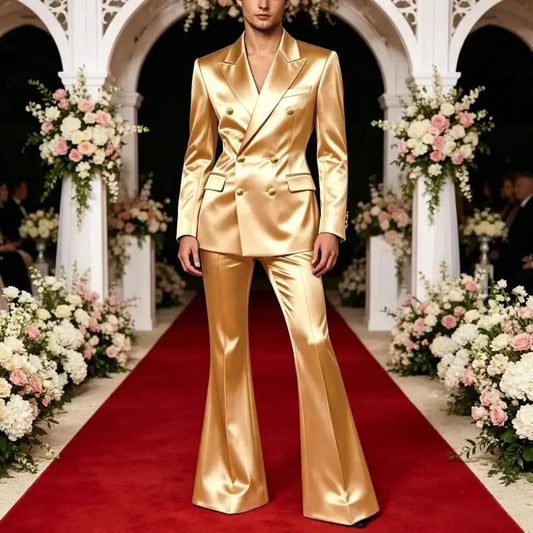 Men's Double Breasted Satin Suit Set 2 Piece Notch Lapel Gold Button Blazer Flare Pants Formal Wedding Prom Party Groom Outfit