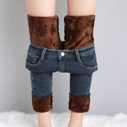 Women Thermal Jeans Winter Snow Warm Thickened Fleece Stretch Skinny Pencil Pants Fashion Korean Slim Fit Velvet Plush Pants