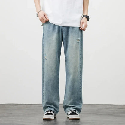 Korea Baggy Jeans Men's Vintage Straight Ripped Y2k Pants Fashion Frayed High Street Distressed Denim Trousers Male Clothes
