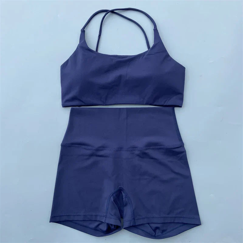 Yoga Shorts Set Gym Two Piece Sports Set Women Workout Outfit Fitness Suit Cross Straps Bra High Waist Shorts Running Tracksuit