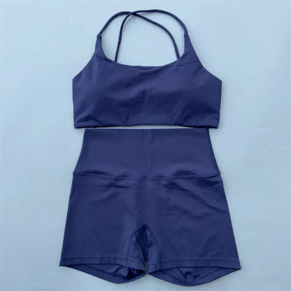 Yoga Shorts Set Gym Two Piece Sports Set Women Workout Outfit Fitness Suit Cross Straps Bra High Waist Shorts Running Tracksuit