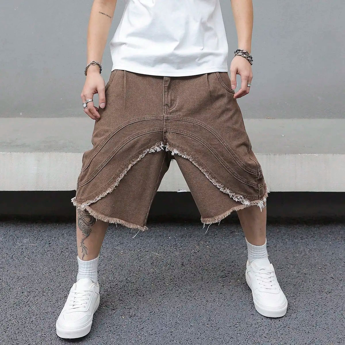 Men's Summer Brown Denim Shorts, Featuring a Fashionable, Trendy, Retro Street Style, Loose Fit, Suitable for Daily Casual Wear.