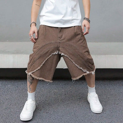 Men's Summer Brown Denim Shorts, Featuring a Fashionable, Trendy, Retro Street Style, Loose Fit, Suitable for Daily Casual Wear.