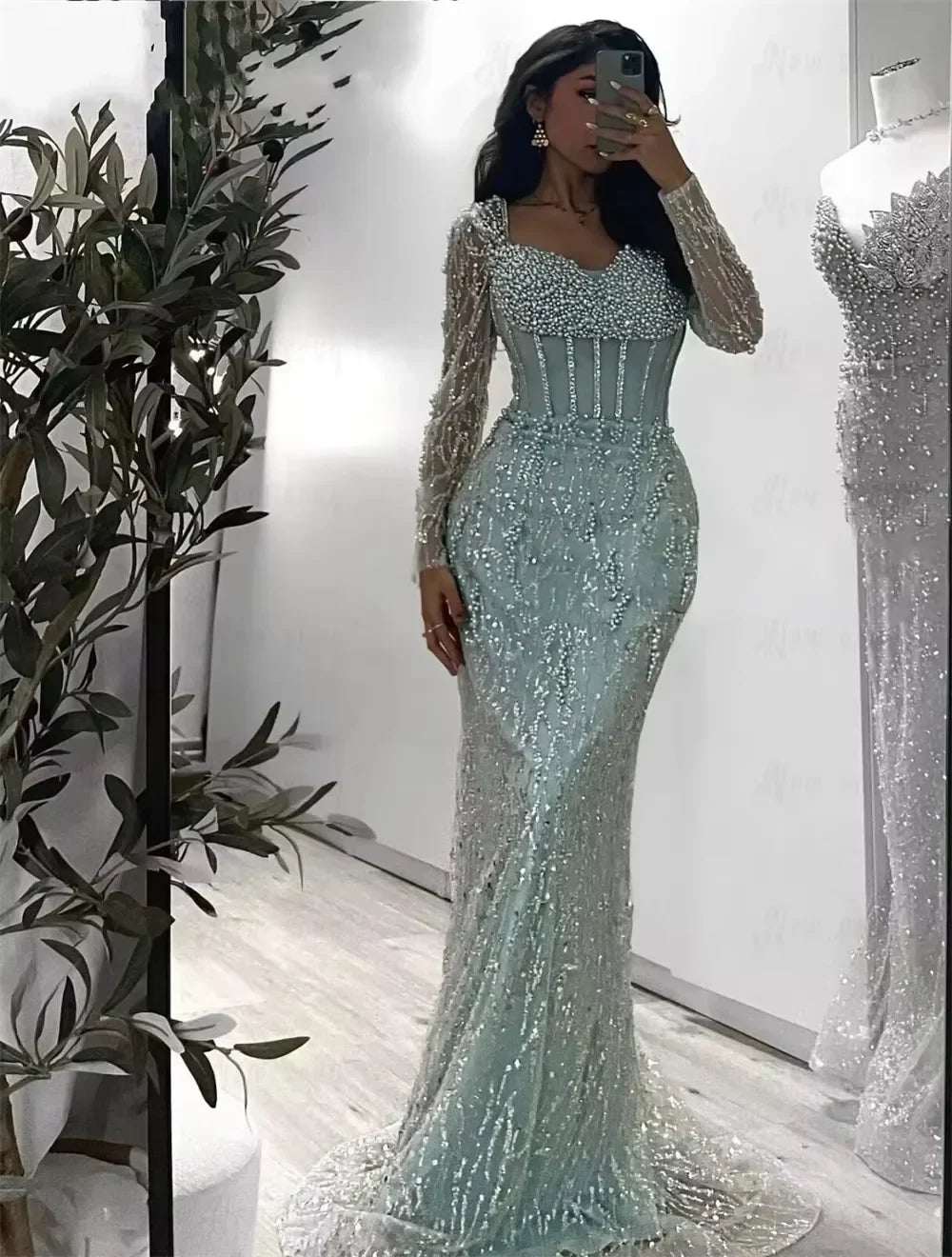 Contessa Custom Luxury Mint Green Mermaid Evening Gown Long Sleeve Corset Heavy Beaded Pearls Dubai Prom Dress Formal Party