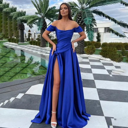 Navy Blue A-Line Evening Dresses Split Pleat Off the Shoulder Scoop Ruffle Prom Gown with Pleats Sweep Train Customized
