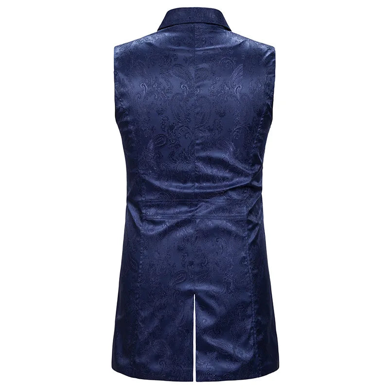 2026 Eur-Usa Fashion Elegant Jacquard Mid Length Tailcoat Vest for Men, Navy Blue Vintage Gothic Sleeveless Palace Men's Tuxedo