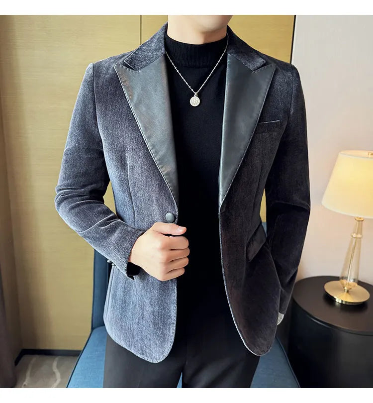 Splicing Leather Neck Fashion Suit Jacket Luxury Men's Business Slim Fit Social Formal Blazers Coats Wedding Groom Tuxedos 5XL-M