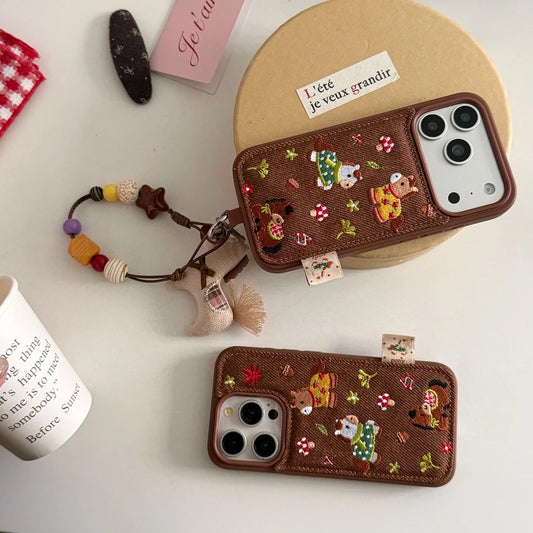Cute Brown Embroidered Pony Mushroom With Lanyard Shockproof Protective Phone Cover Case for iPhone 17 16 15 14 Pro Max