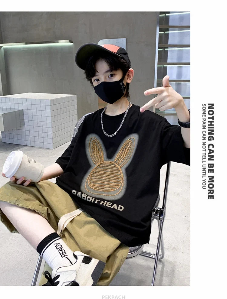 Cartoon Rabbit Boys Summer Clothing Two Piece Set Outfits Short Sleeved T-shirt Shorts Tracksuits Kids Children Casual Costumes