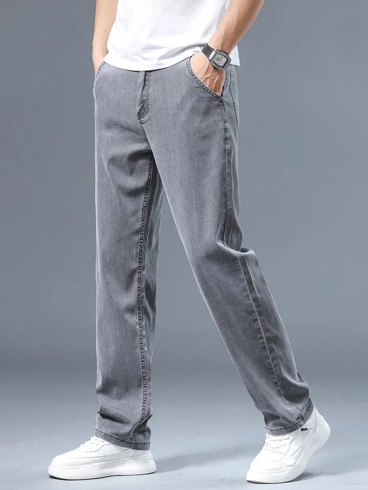 Summer Thin Men's Loose Straight Jeans Lyocell Soft Drape Business Casual Trousers Classic Smoke Gray Brand Ice Silk Pants
