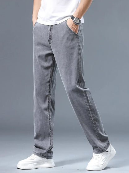 Summer Thin Men's Loose Straight Jeans Lyocell Soft Drape Business Casual Trousers Classic Smoke Gray Brand Ice Silk Pants