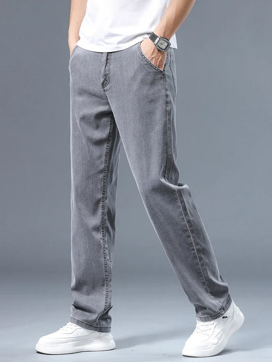 Summer Thin Men's Loose Straight Jeans Lyocell Soft Drape Business Casual Trousers Classic Smoke Gray Brand Ice Silk Pants