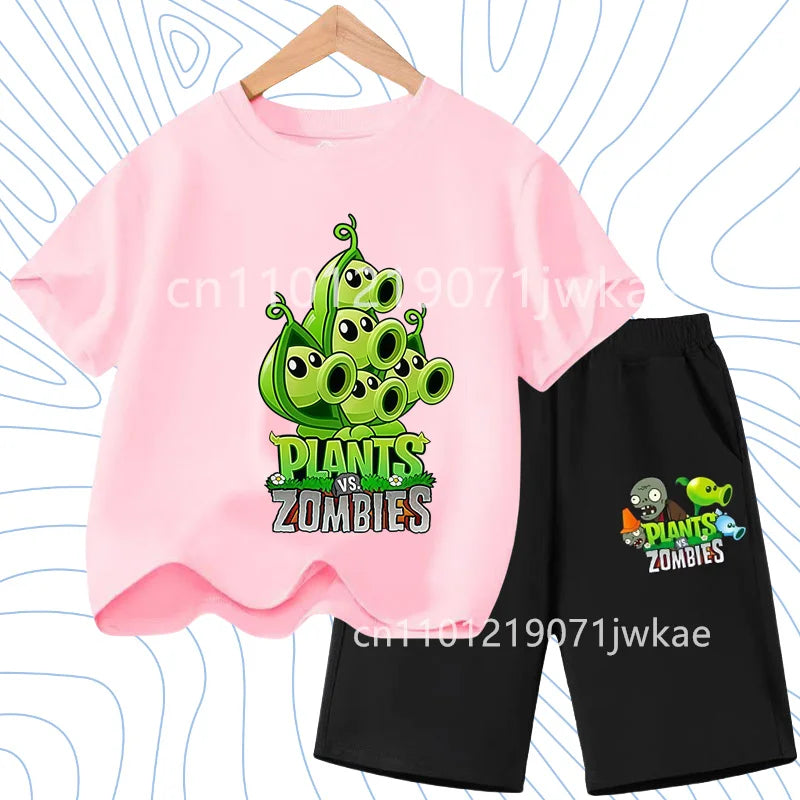 Children's Plants Vs. Zombies Short-Sleeved T-Shirt Set Cotton Summer Fashion Comfortable Top+pants for Boys and Girls