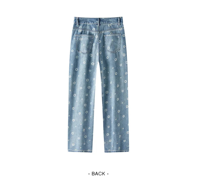 All Over Print Denim Pants Women Sweet Niche 2025 Summer New Cotton Wide Leg Trousers