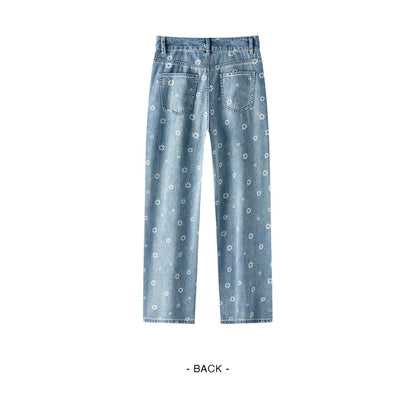 All Over Print Denim Pants Women Sweet Niche 2025 Summer New Cotton Wide Leg Trousers