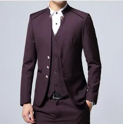 Black Stand Collar Men's 3-Piece, Wedding Party Blazer Jacket and Vest with Pants, Blue Asian Size Slim Fit Sets.