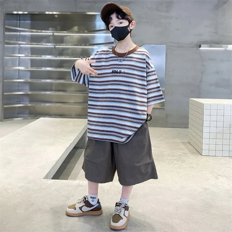 2026 Children Summer Clothes Set for Teen Boy Cotton Striped T-Shirt Shorts Two Pieces Outfit Suit Kids Clothing 5 7 9 11 13 14Y