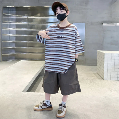 2026 Children Summer Clothes Set for Teen Boy Cotton Striped T-Shirt Shorts Two Pieces Outfit Suit Kids Clothing 5 7 9 11 13 14Y