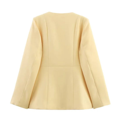 2025  women's new elegant fashion retro round neck cut waist slit long-sleeved casual suit jacket