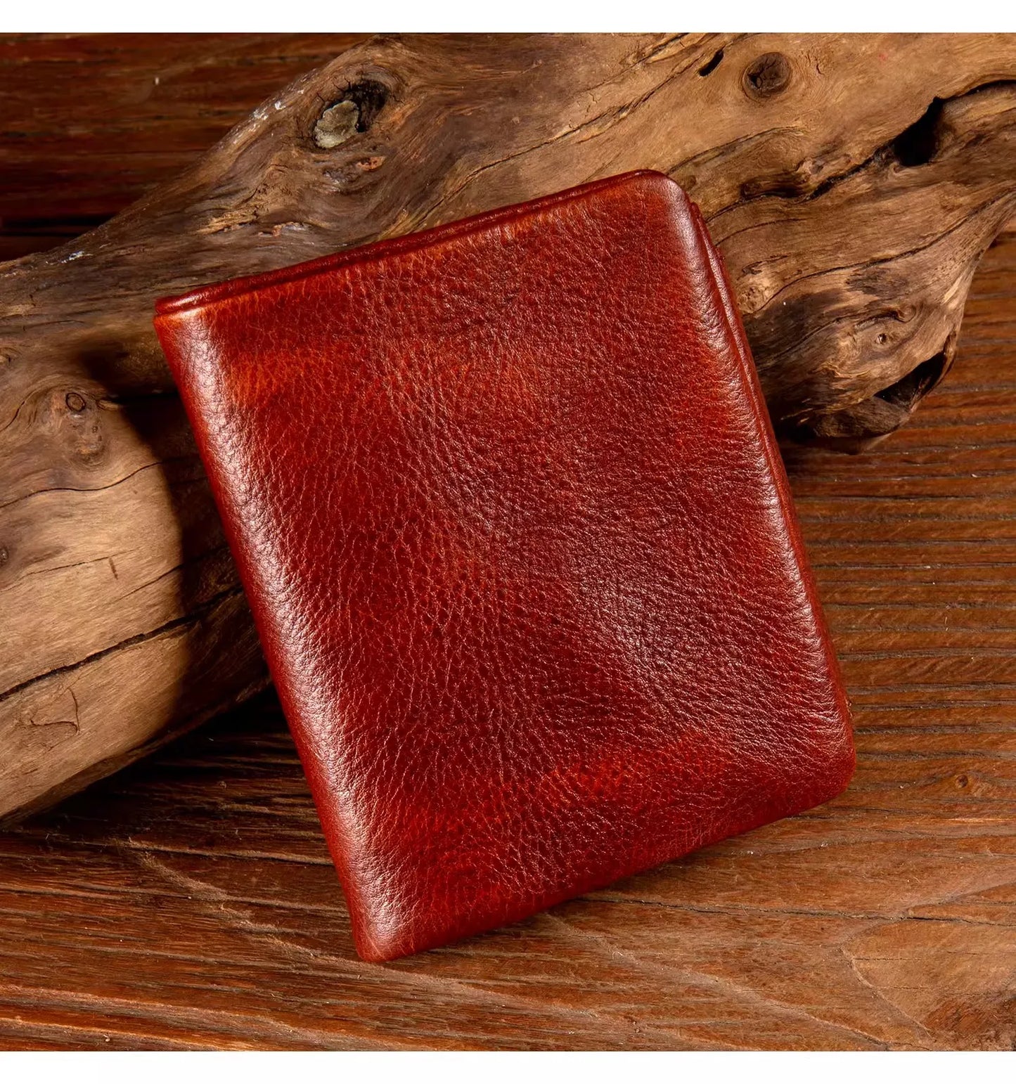 Men's Hand-Rubbed Genuine Leather Short Wallet Top-Grain Vegetable-Tanned Zipper Wallet with Driver's License Card Holder