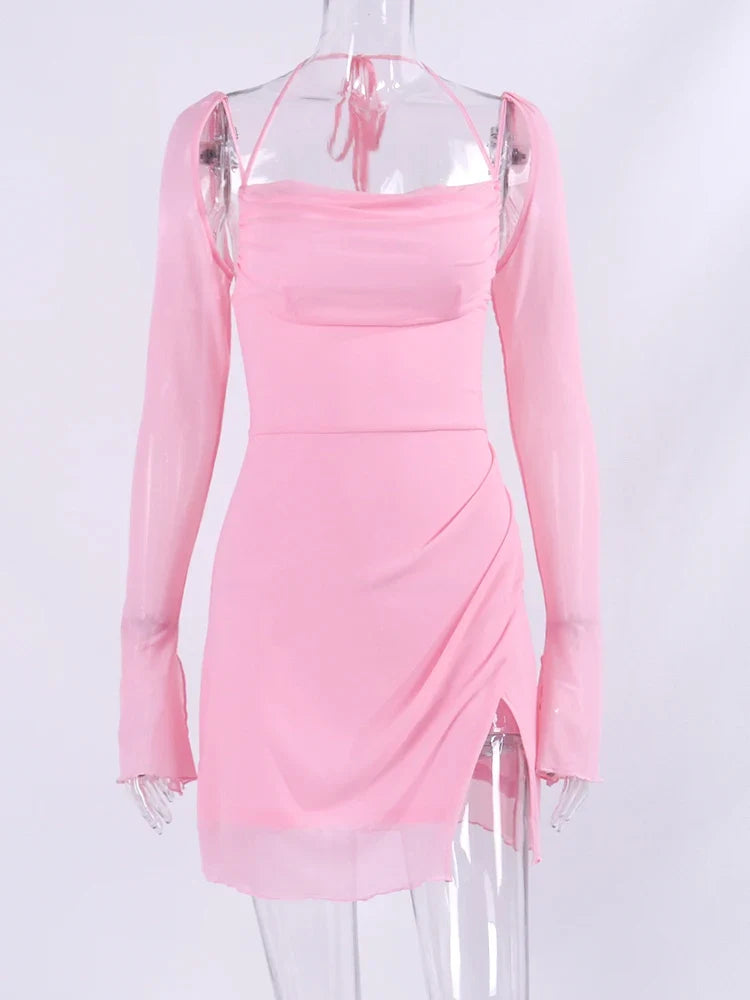 Halter Flounce Sleeves Mesh Pink Dress Women Sexy Solid Backless Bandage Mini Vestido Summer Vacation Party Club