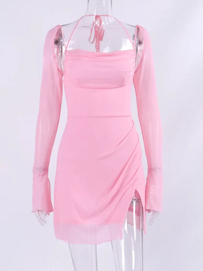 Halter Flounce Sleeves Mesh Pink Dress Women Sexy Solid Backless Bandage Mini Vestido Summer Vacation Party Club
