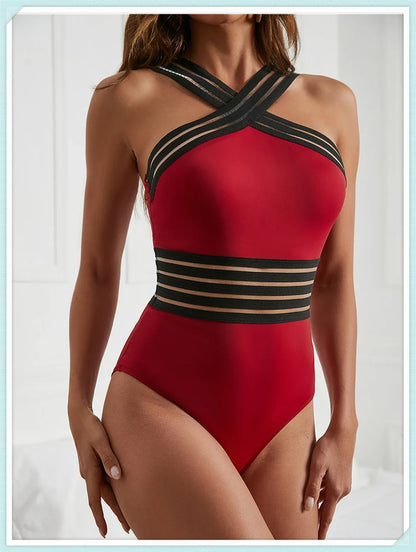 Solid Mesh Tape Swimsuit 2026 One Piece Sexy High Neck Swimwear Women Cross Front Bathing Suit Female Padded Beachwear Bodysuit