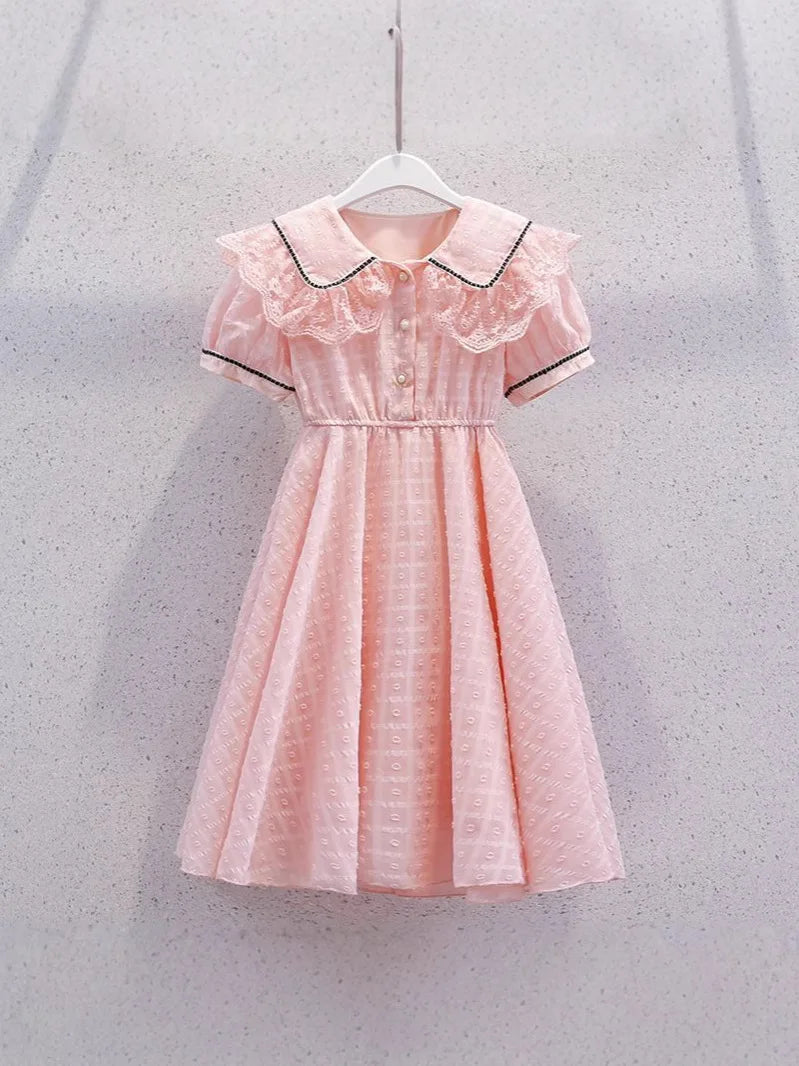 2026 New Summer Dresses Kid Baby Princess Lace Girls Teenager A-LINE STRIPED Chiffon Mid Long Layered Dress 4 8 10 12 14 Years