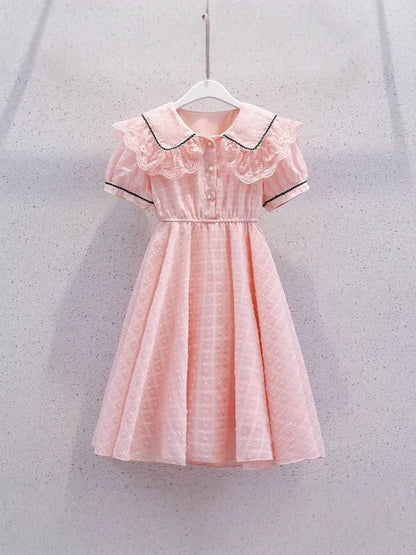 2026 New Summer Dresses Kid Baby Princess Lace Girls Teenager A-LINE STRIPED Chiffon Mid Long Layered Dress 4 8 10 12 14 Years