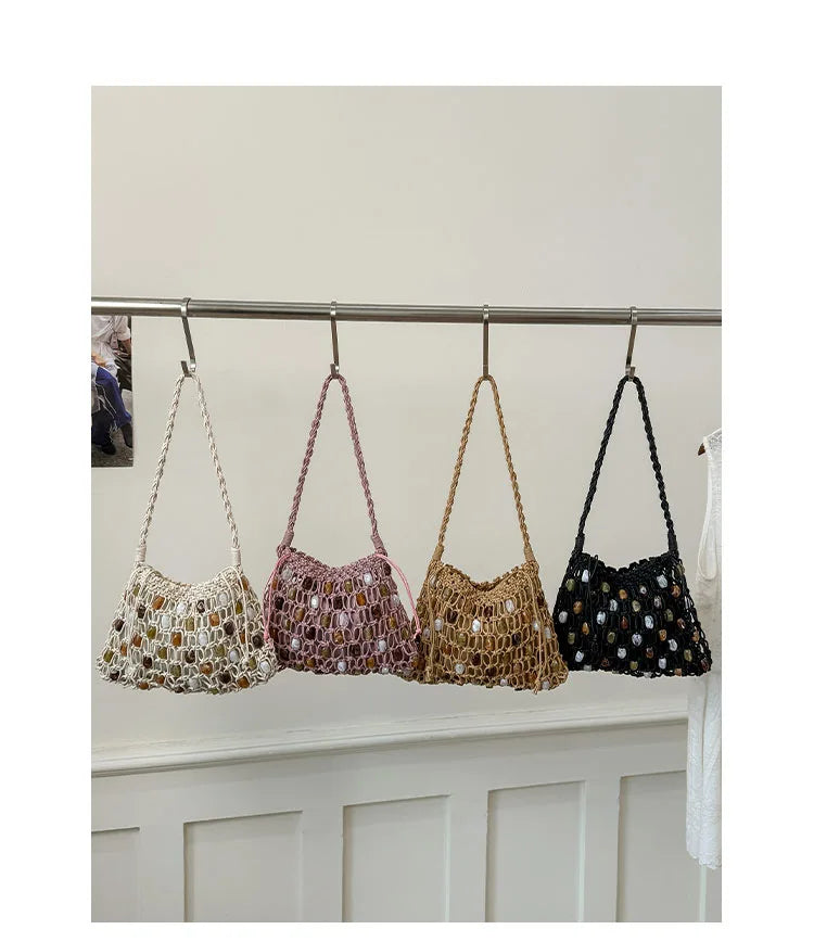 Hollow Beading Women Shoulder Bag Rope Knitting Handbags Bohemian Crochet Mesh Bags for Women Small Woven Beach Bag Flap Tote