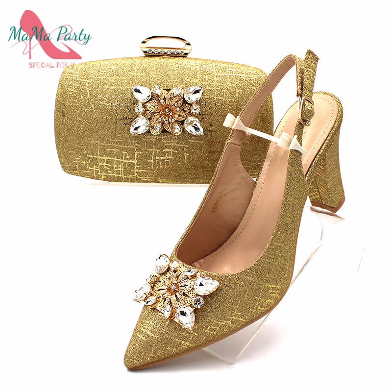 Color Italian Classics Design African Women Shoes and Bag Set High Quality with Shinning Crystal for Wedding Party
