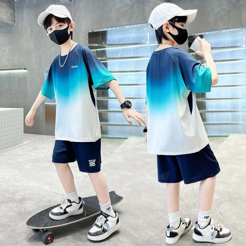 Summer Boys Gradient Quick-dry T-Shirt Top+Shorts Pant Sportswear Set School Kids 2PCS Tracksuit Children Jersey Outfit 5-16 Yr