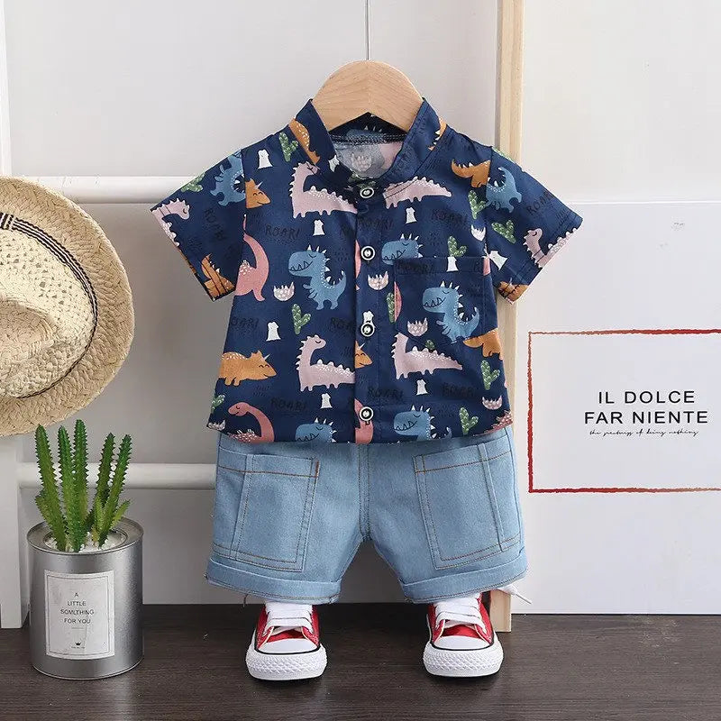 Children Clothes Spring Cartoon Baby Boy Short Sleeve Printe Dinosaur Causal Shirts Jeans 2Pcs/set Kid Fashion Toddler Tracksuit