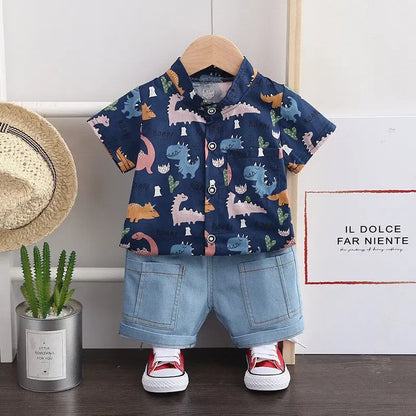 Children Clothes Spring Cartoon Baby Boy Short Sleeve Printe Dinosaur Causal Shirts Jeans 2Pcs/set Kid Fashion Toddler Tracksuit
